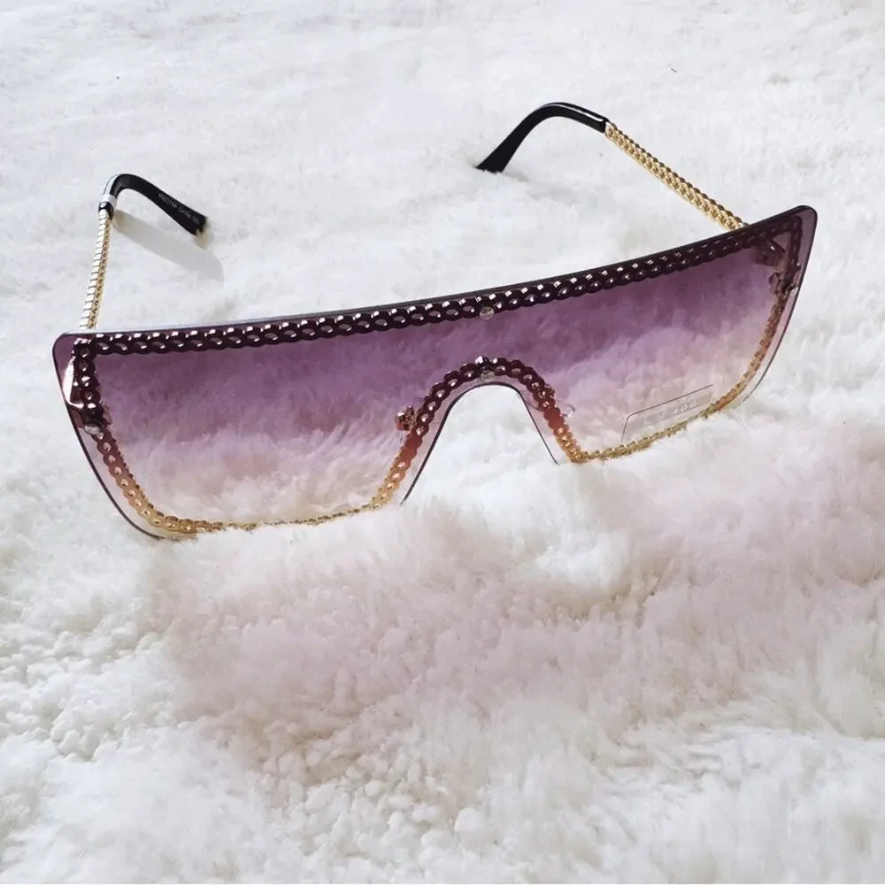 Christine Purple & Gold Chain Oversized Shield Sunglasses